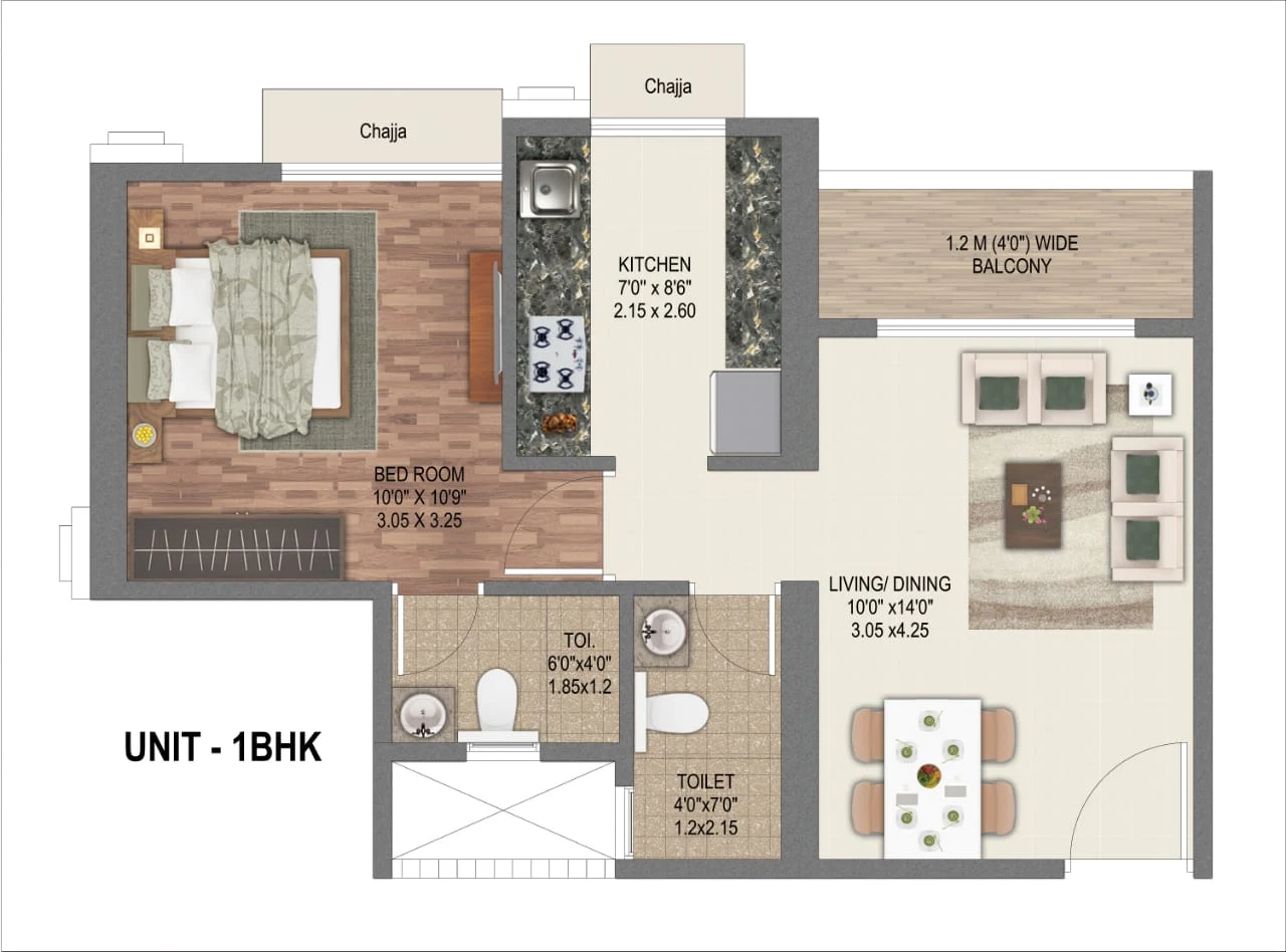 1 BHK unit floor plan at Sai World Dreams