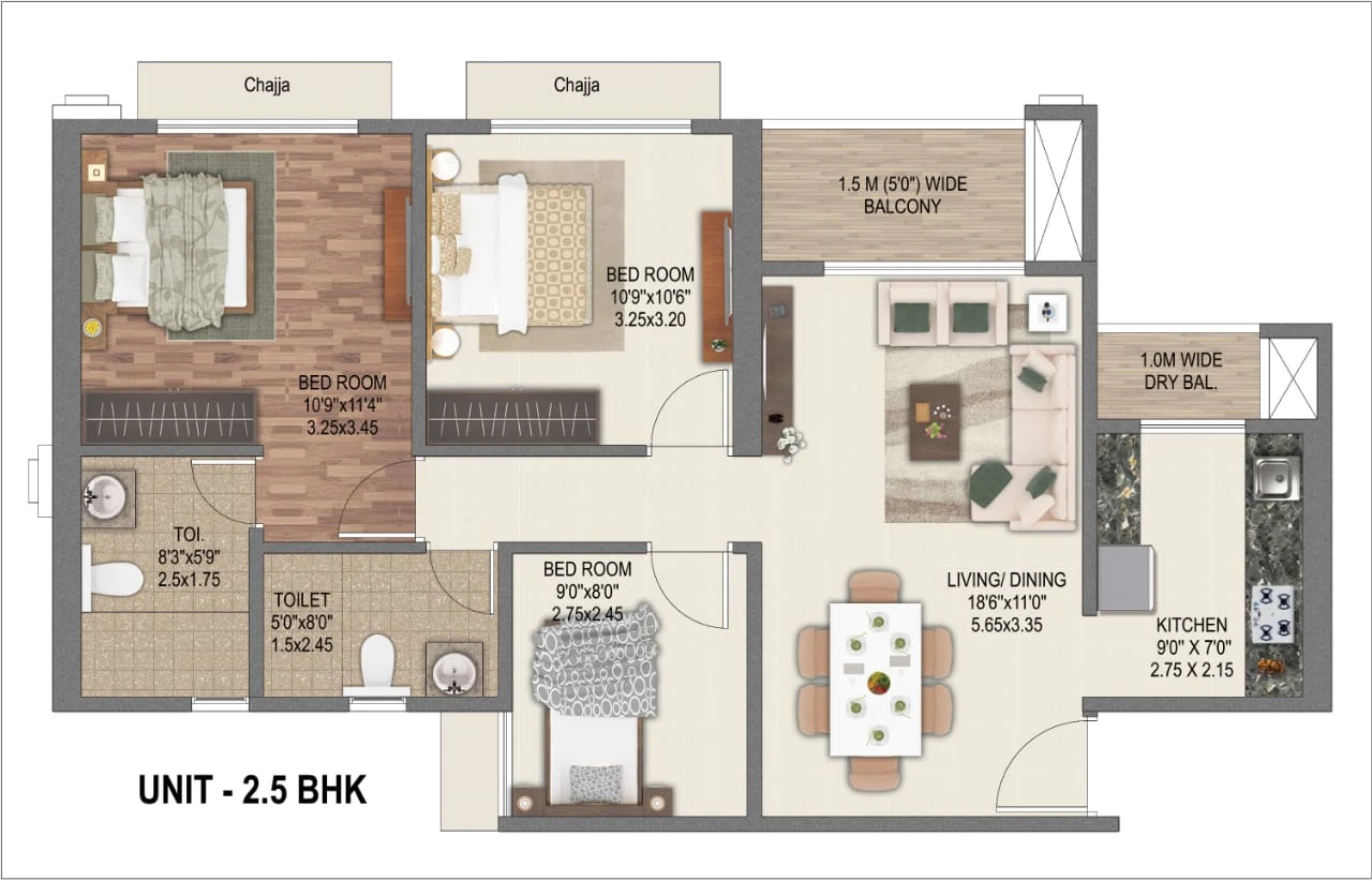 2.5 BHK unit floor plan at Sai World Dreams