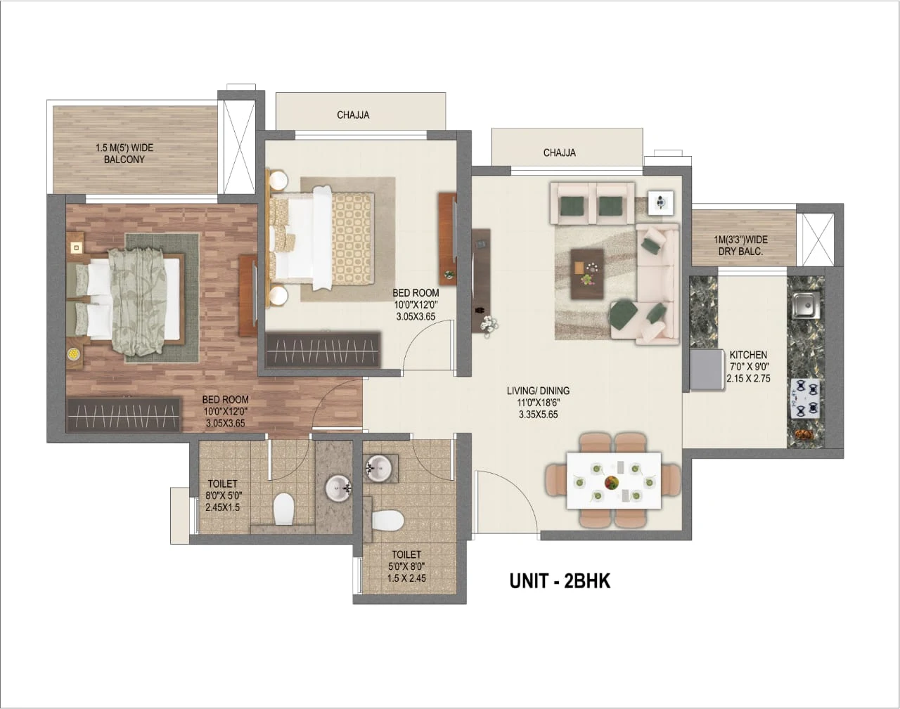 2 BHK unit floor plan at Sai World Dreams