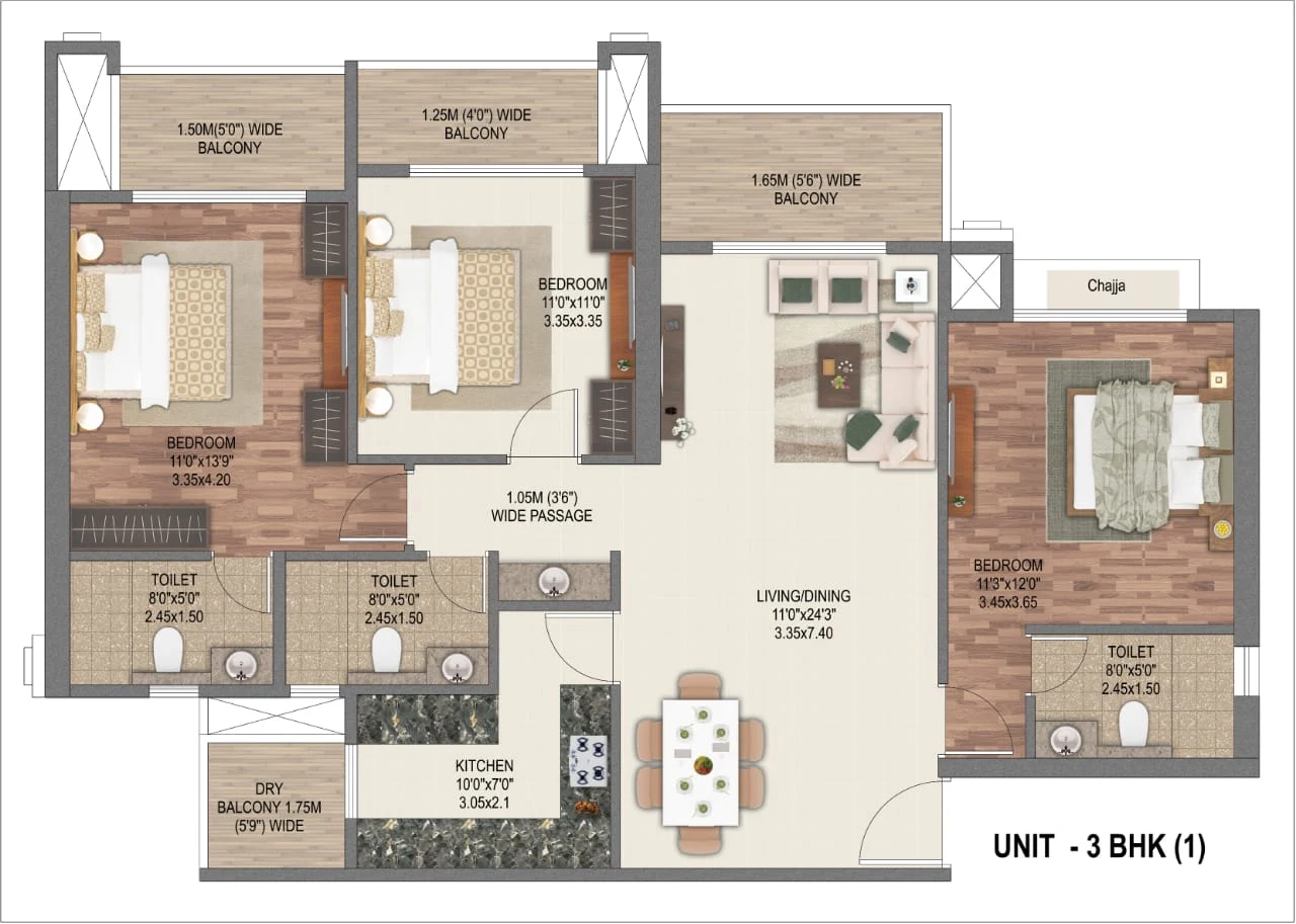 3 BHK type 1 floor plan at Sai World Dreams