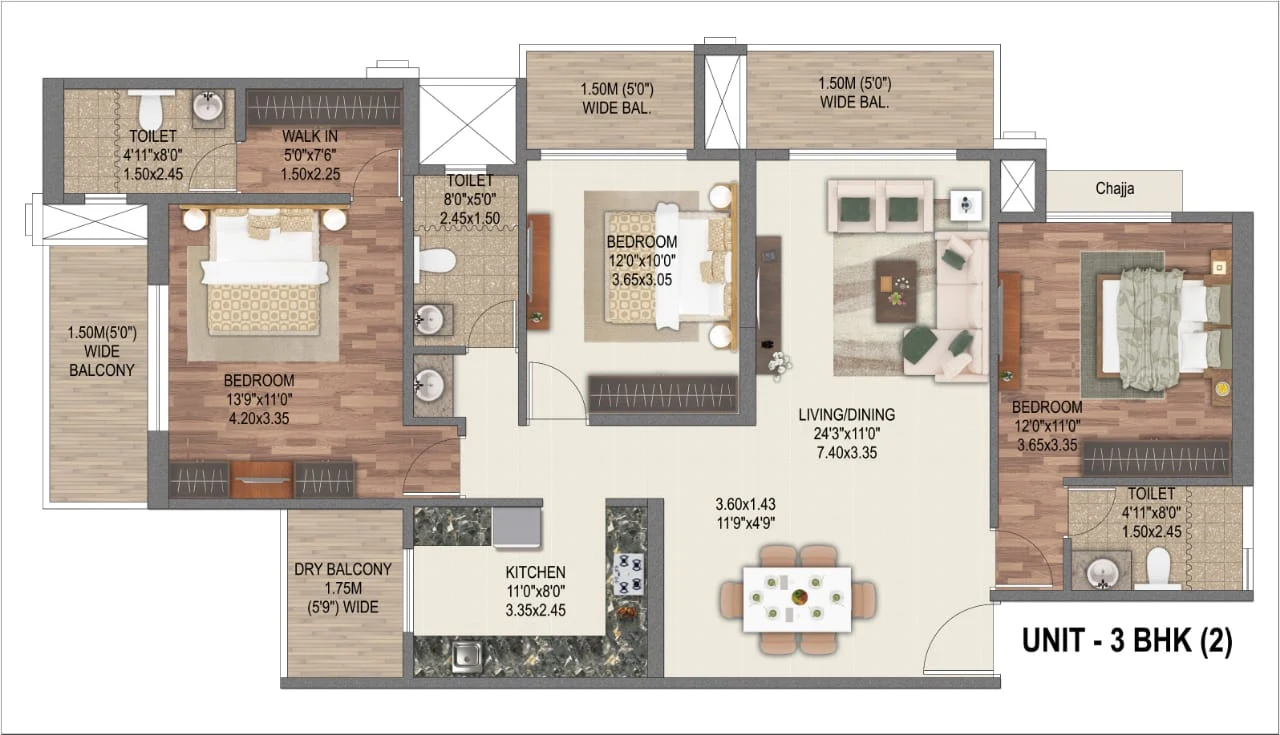 3 BHK type 2 floor plan at Sai World Dreams